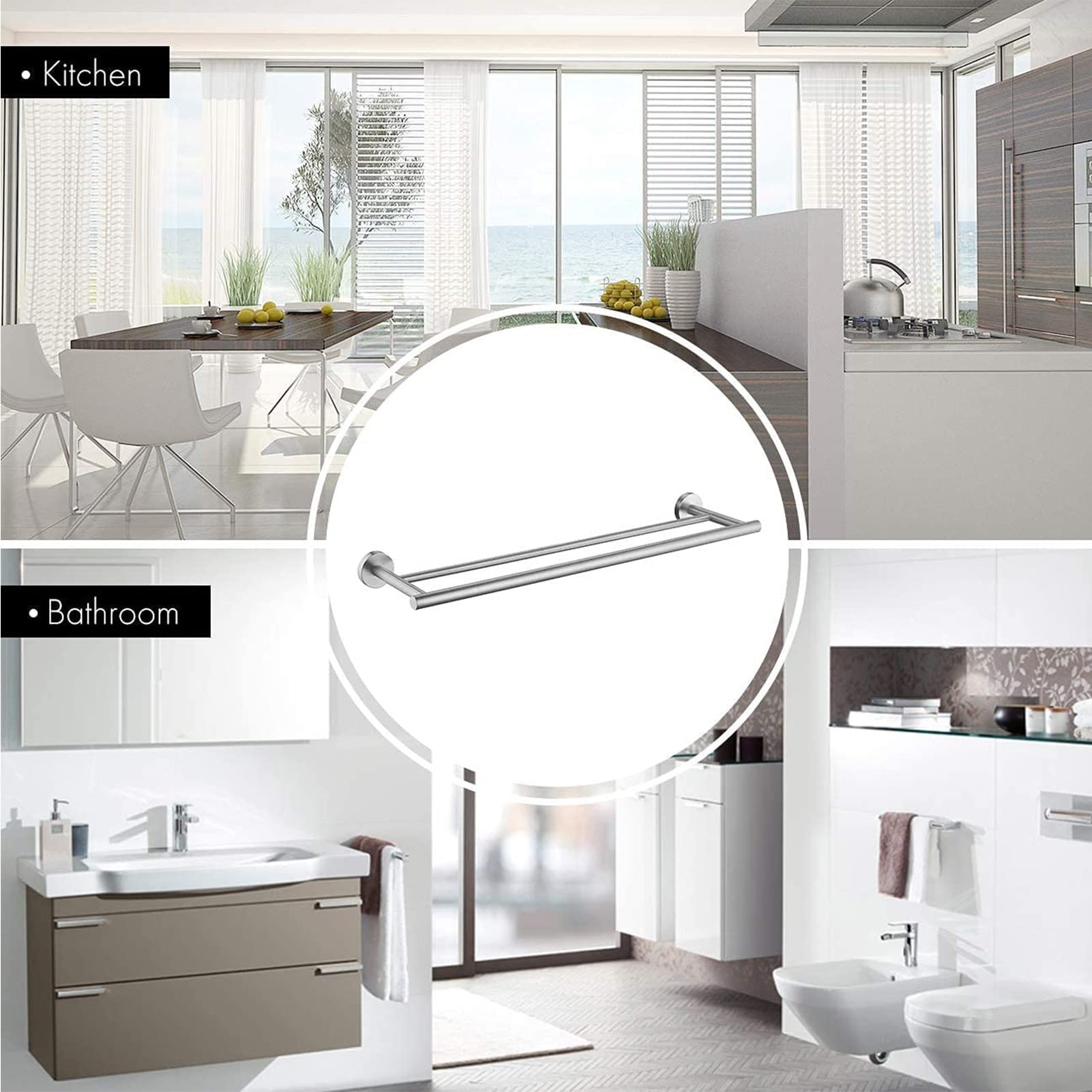 Towel Rail Bar Stainless Steel Double Towel Holder 75cm / 29.5 inches Wall Mounted Polished Bath Towel Rack for Bathroom and Kitchen, Silver