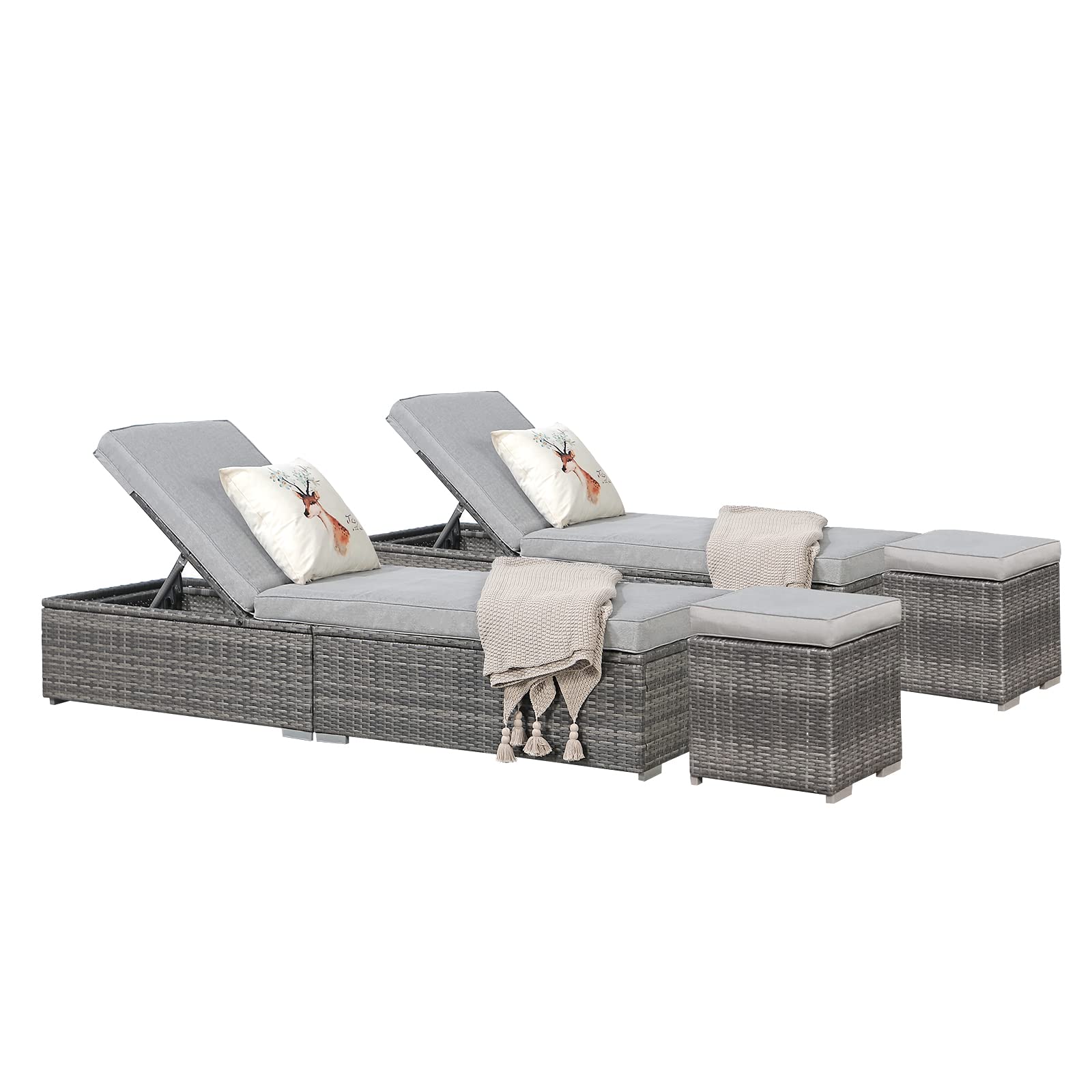 Patiorama 4 Piece Patio Furniture Set, Outdoor Chaise Lounge Chair with Ottoman, All-Weather Grey PE Wicker Rattan Conversation Set, Adjustable Reclining Chaise for Beach Balcony Pool, Light Grey