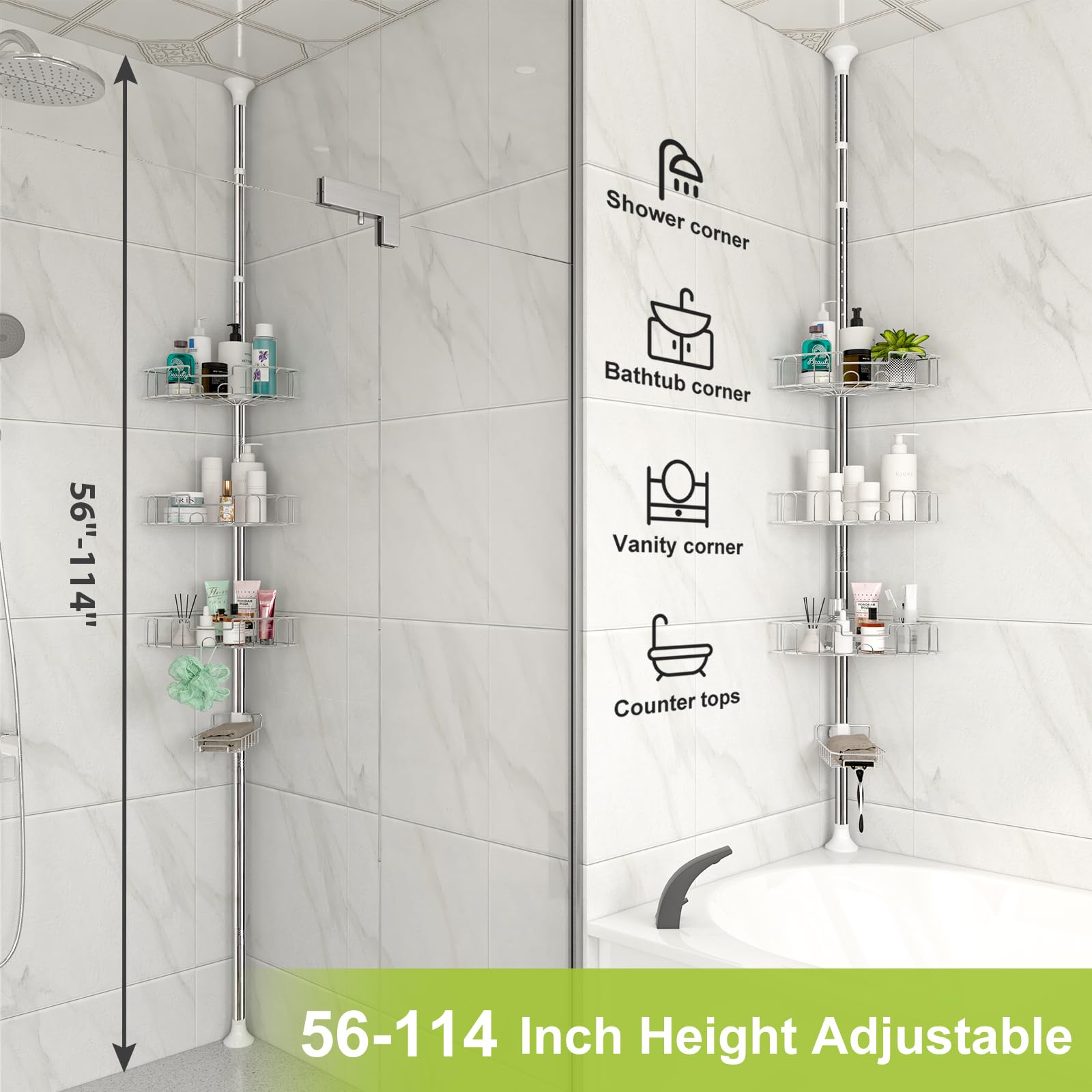 Shower Caddy Corner Tension Pole,Stainless Steel Adjustable Floor to Ceiling Corner Shower Caddy Stand for Bath Inside Shower Organizer Storage with Tension Pole,Rust-Resistant, 54 to 125 Inch