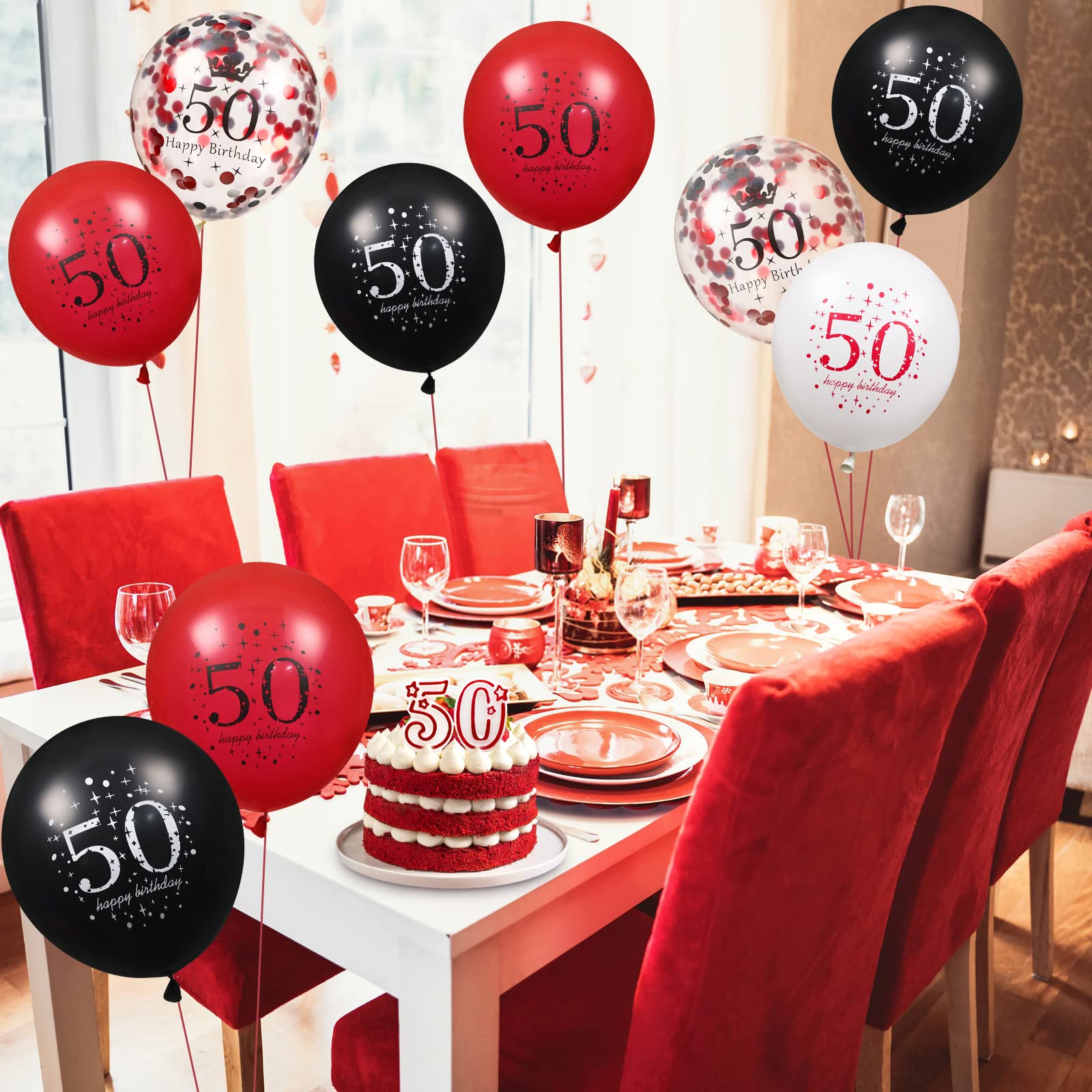 50th Latex Birthday Balloons, 16Pcs Red Black Happy 50th Birthday Balloons, Red Black 50th Birthday Party Decorations Balloons for Women Men 50th Birthday, Anniversary Decor