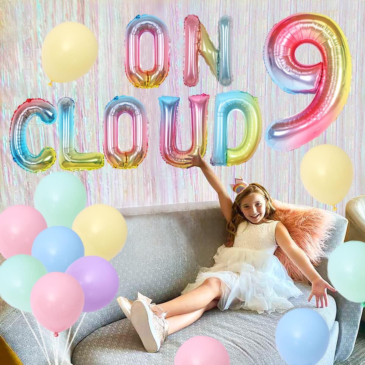 Sursurprise On Cloud 9 Birthday Decorations for Girls, Gradient On Cloud 9 Balloons Pastel Rainbow Balloon for Cloud Rainbow 9th Birthday Party Supplies