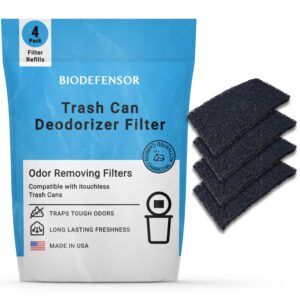 biodefensor carbon odor filter compatible with itouchless trash cans - made in usa - absorbs odors, stink, diaper smells & garbage deodorizer eliminator, 4-pack