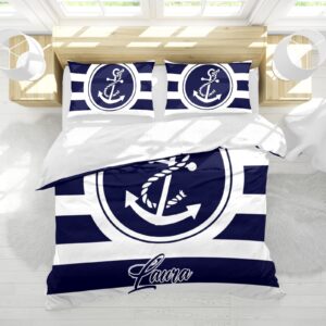 XIUCOO Custom Blue Striped Anchor Name Duvet Cover Set with 2 Pillow Shams Bedding Sets Personalized Quilt Cover for Birthday Wedding Queen Size Gift