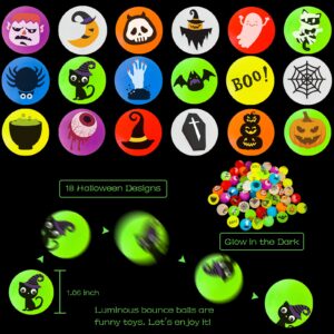 MGparty 90 PCS Halloween Glow in The Dark Bouncy Balls 18 Halloween Theme Designs Bouncing Balls for Kids Girls Boys Halloween Party Favors Supplies Trick or Treating Goodies Bag Gifts Fillers