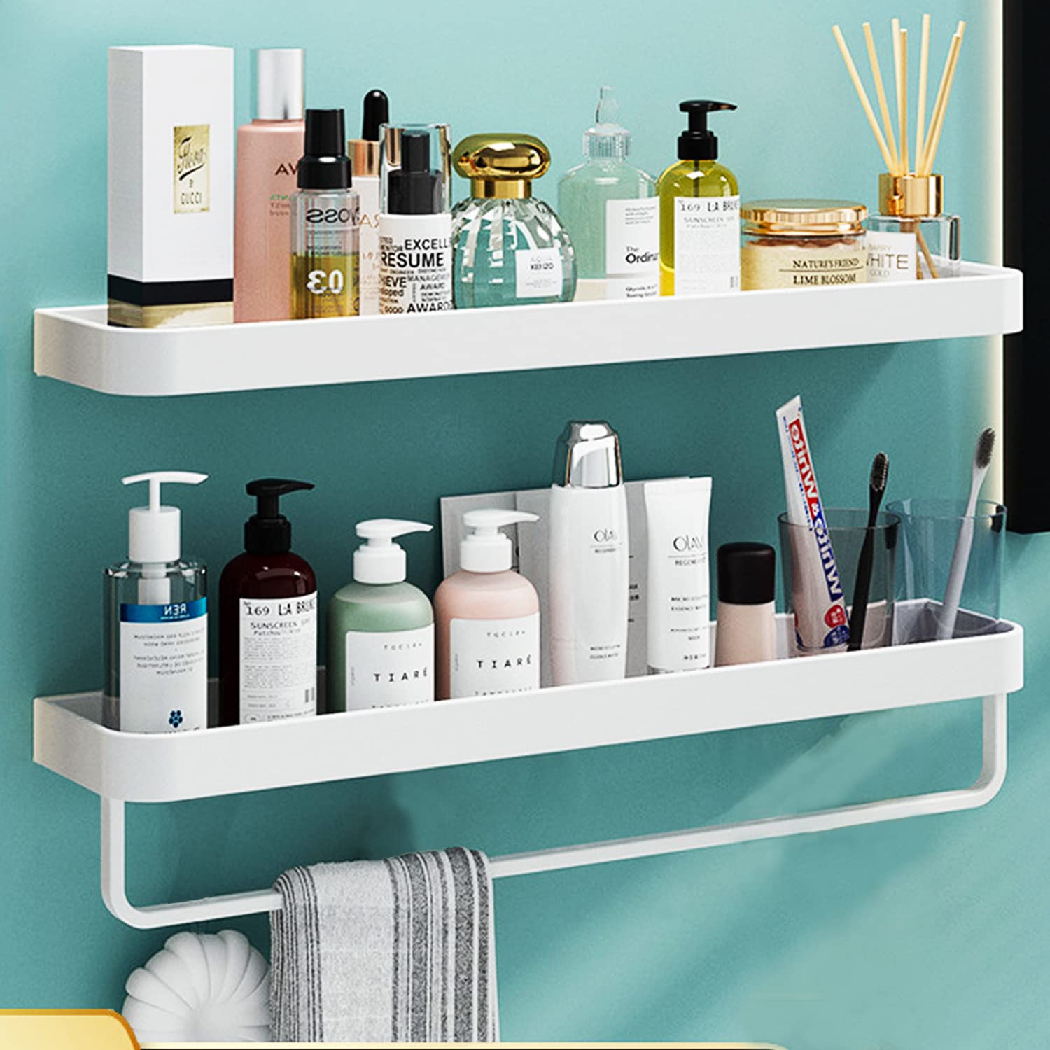 Halyuhn Bathroom Wall Shelf(Non-Adhesive), 15.7in Tempered Glass Bathroom Shelf with Towel bar Wall Mounted, 2 Tier Bathroom Wall Shelves for Bathroom Organizers and Storage, White