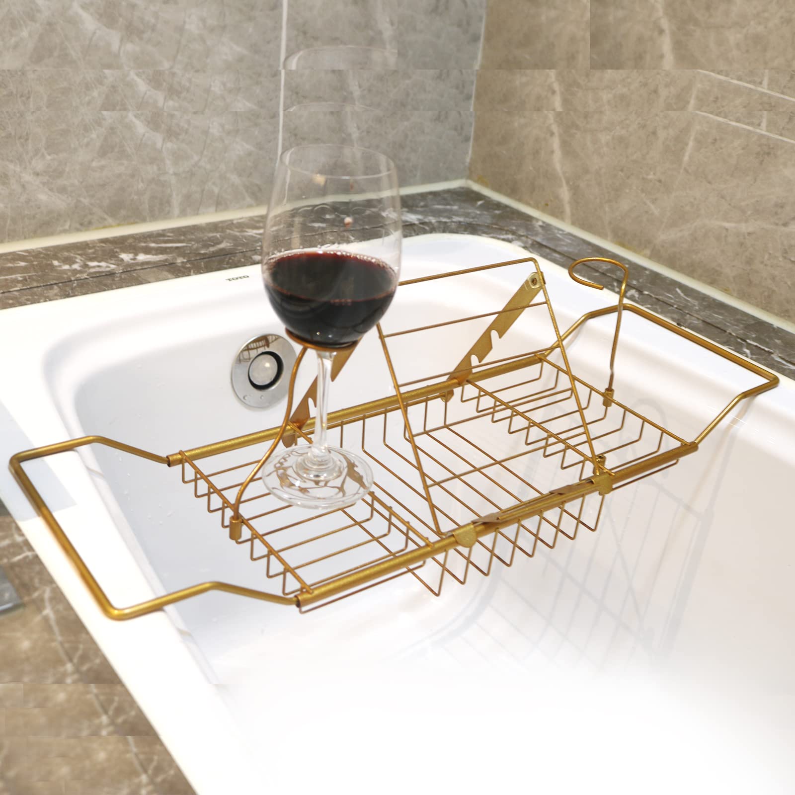 PLKO Bathtub Tray,Stainless Steel Shower Bathtub Caddy Tray with Removable Book Holder Red Wine Rack Holder, for Home Kitchen Bathroom,Gold