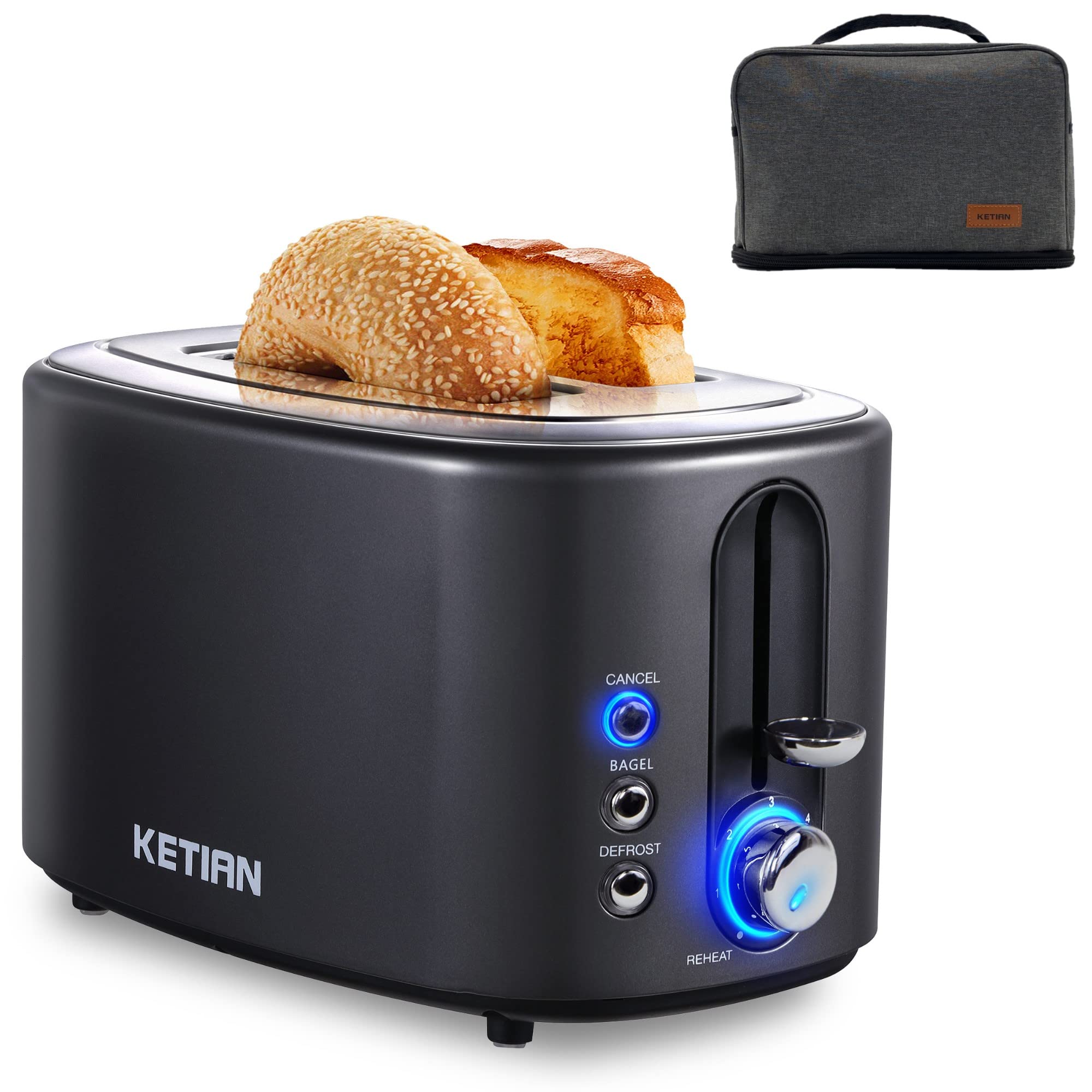 2 Slice Toaster with Cover,KETIAN Retro Stainless Steel Toasters,1.5'' Extra Wide Slot,Cancel Bagel Defrost Reheat Functions, 6 Toast Browning Settings, Removable Crumb Tray,Black