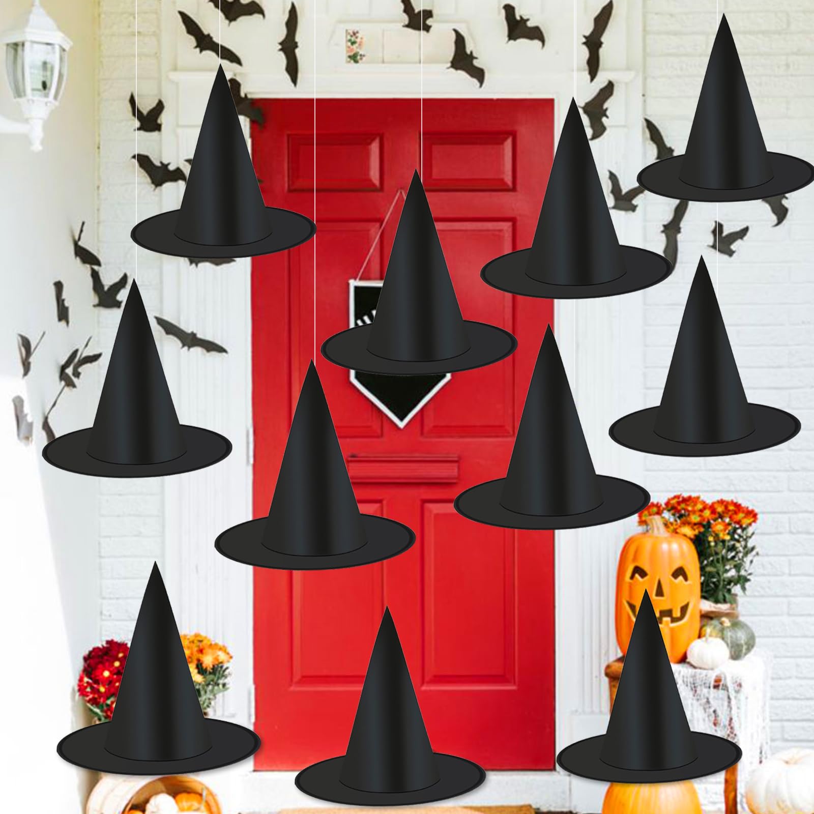 FOIMAS 12pcs Halloween Costume Witch Hat,Black Witch Hat with Hanging Rope for Halloween Costume Party Favor Home Decoration Supply