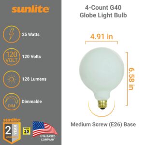 Sunlite 41688 Incandescent G40 Globe Light Bulb, Frosted, 60 Watts, 498 Lumens, Medium E26 Base, Decorative, Dimmable, Pendant, Vanity Mirror, 2600K Warm White, 4 Count