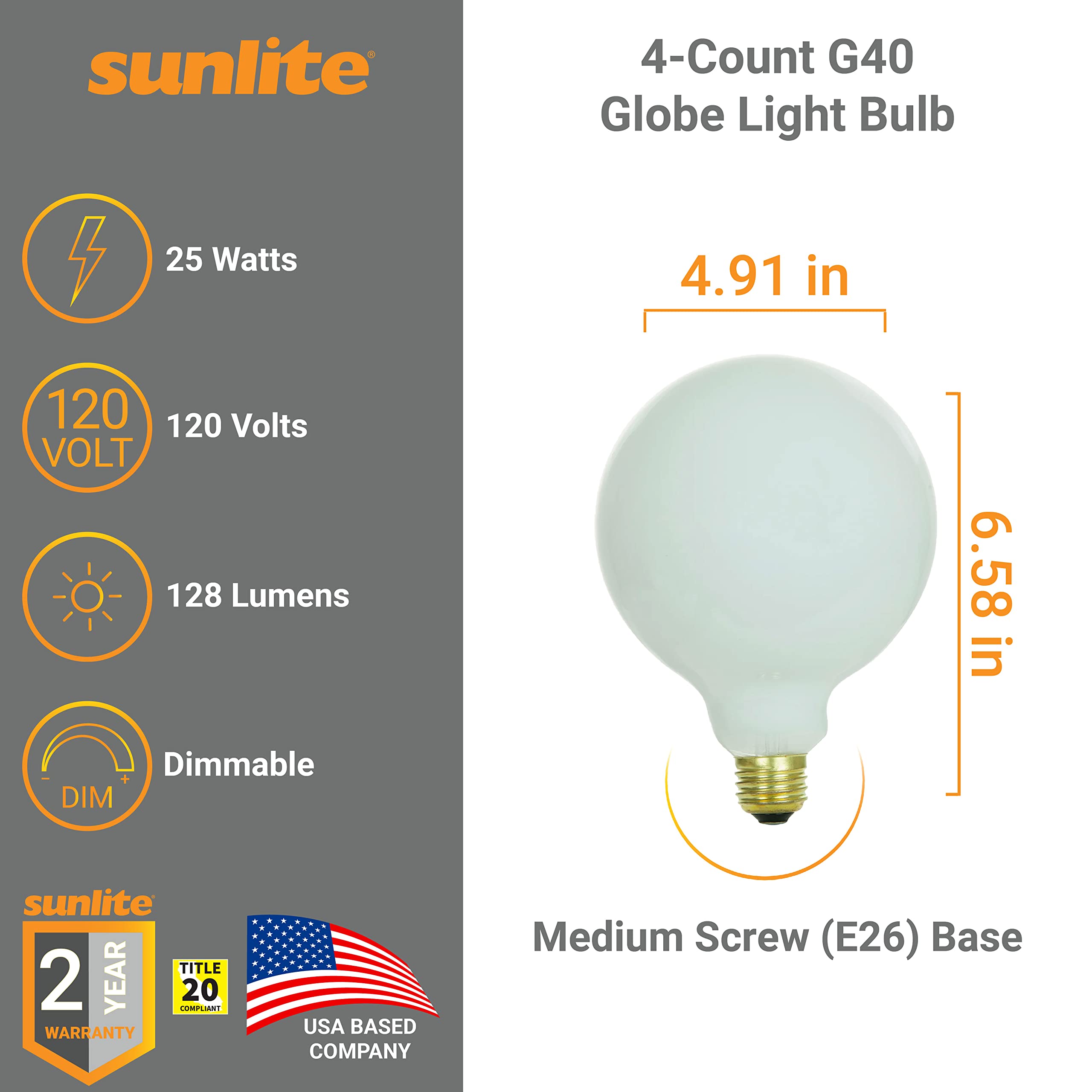 Sunlite 41688 Incandescent G40 Globe Light Bulb, Frosted, 60 Watts, 498 Lumens, Medium E26 Base, Decorative, Dimmable, Pendant, Vanity Mirror, 2600K Warm White, 4 Count