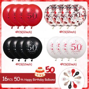 50th Latex Birthday Balloons, 16Pcs Red Black Happy 50th Birthday Balloons, Red Black 50th Birthday Party Decorations Balloons for Women Men 50th Birthday, Anniversary Decor