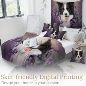 Sleepwish Border Collie Duvet Covers - Black and White Dog Queen Bedding Set 3 Pieces Lavender Floral Comforter or Quilt Cover, 1 Cute Pet Duvet Cover and 2 Pillow Cases Queen Size