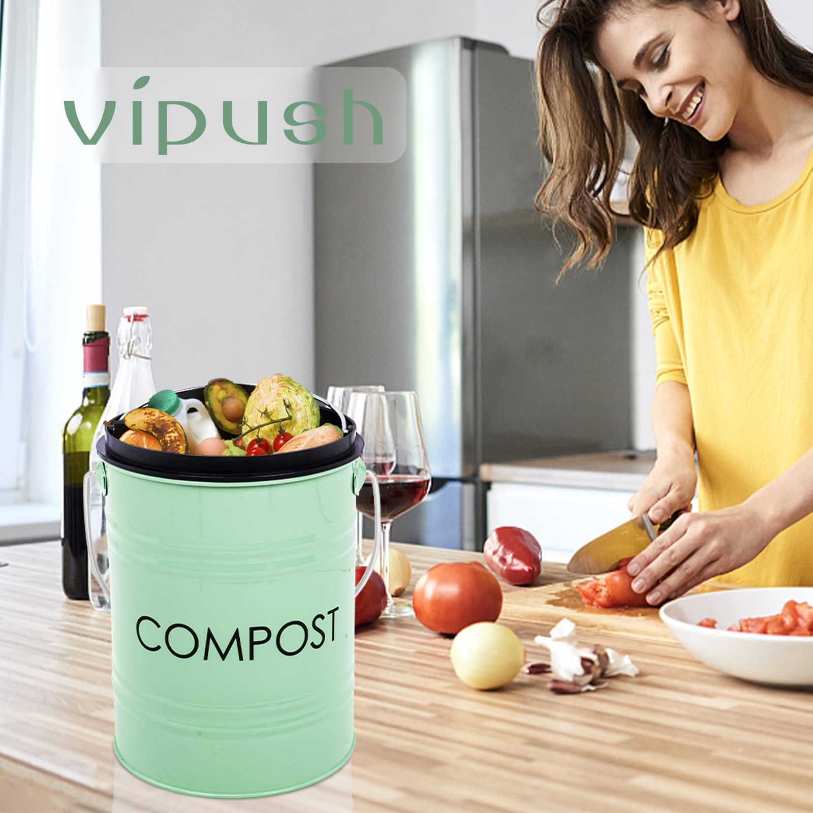 Vipush Kitchen Countertop Compost Bin with lid – Small, Includes Inner Compost Bucket Liner & Charcoal Filter, Green