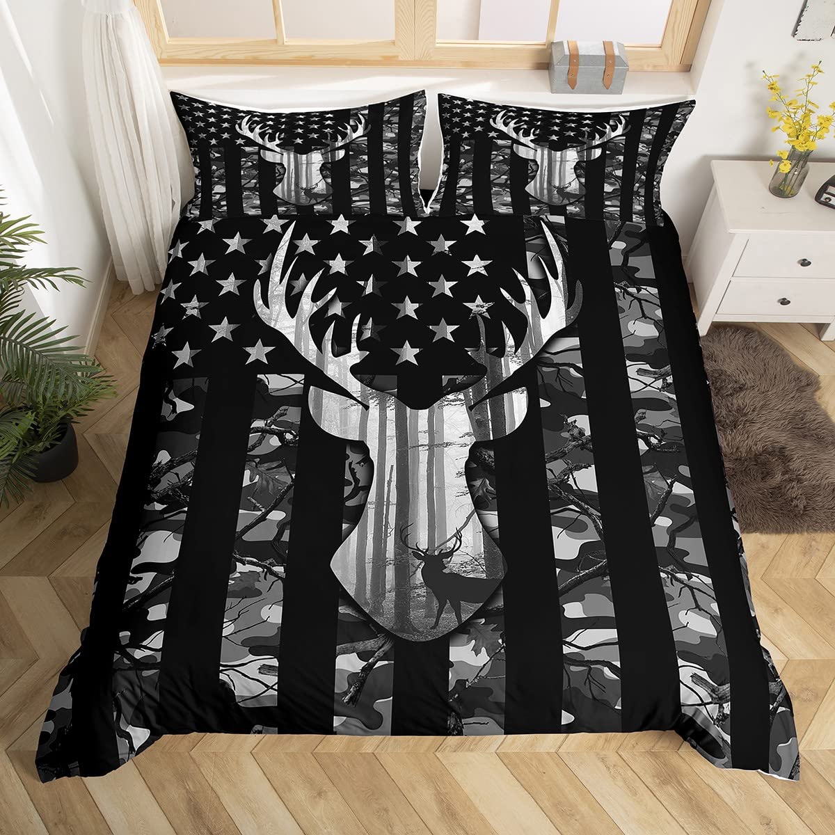 Camouflage American Flag Duvet Cover Full,Deer Antlers Silhouette Bedding Set,Wild Animal Natural Comforter Cover 3 Pcs for Kids Teens Adults Room Decor,Black Grey Camo Quilt Cover with 2 Pillowcases