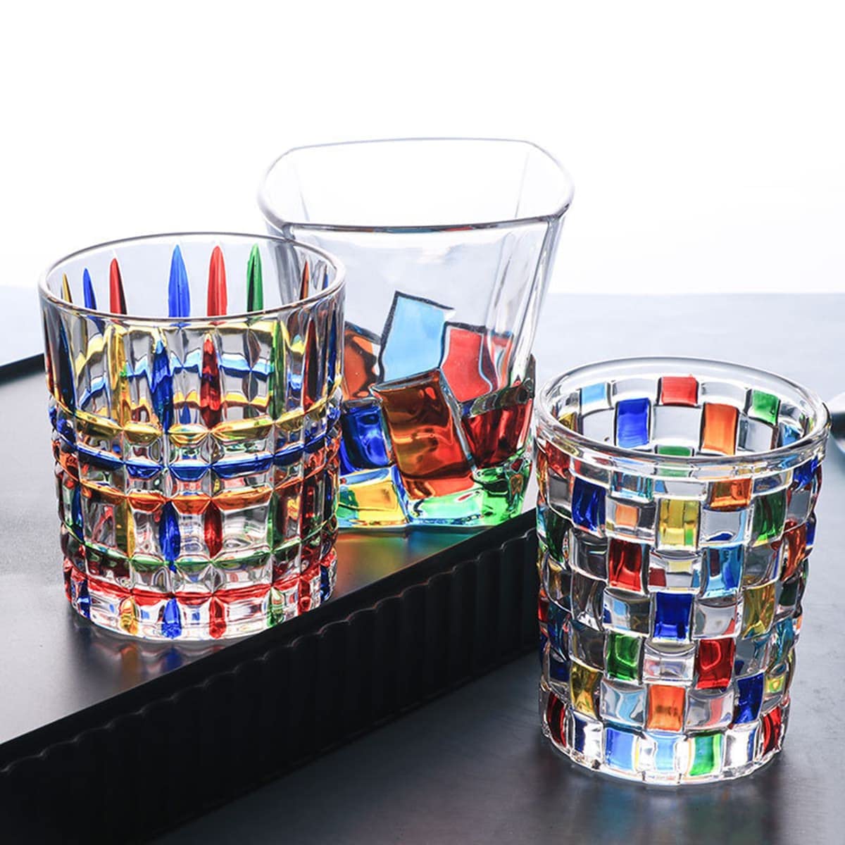 Aebor Colorful Drinking Glasses, Hand Painted Colored Water Glasses, Multicolor Water Glasse,Whiskey Wineglass Glasses,Tumbler Glasses (Ice cube)