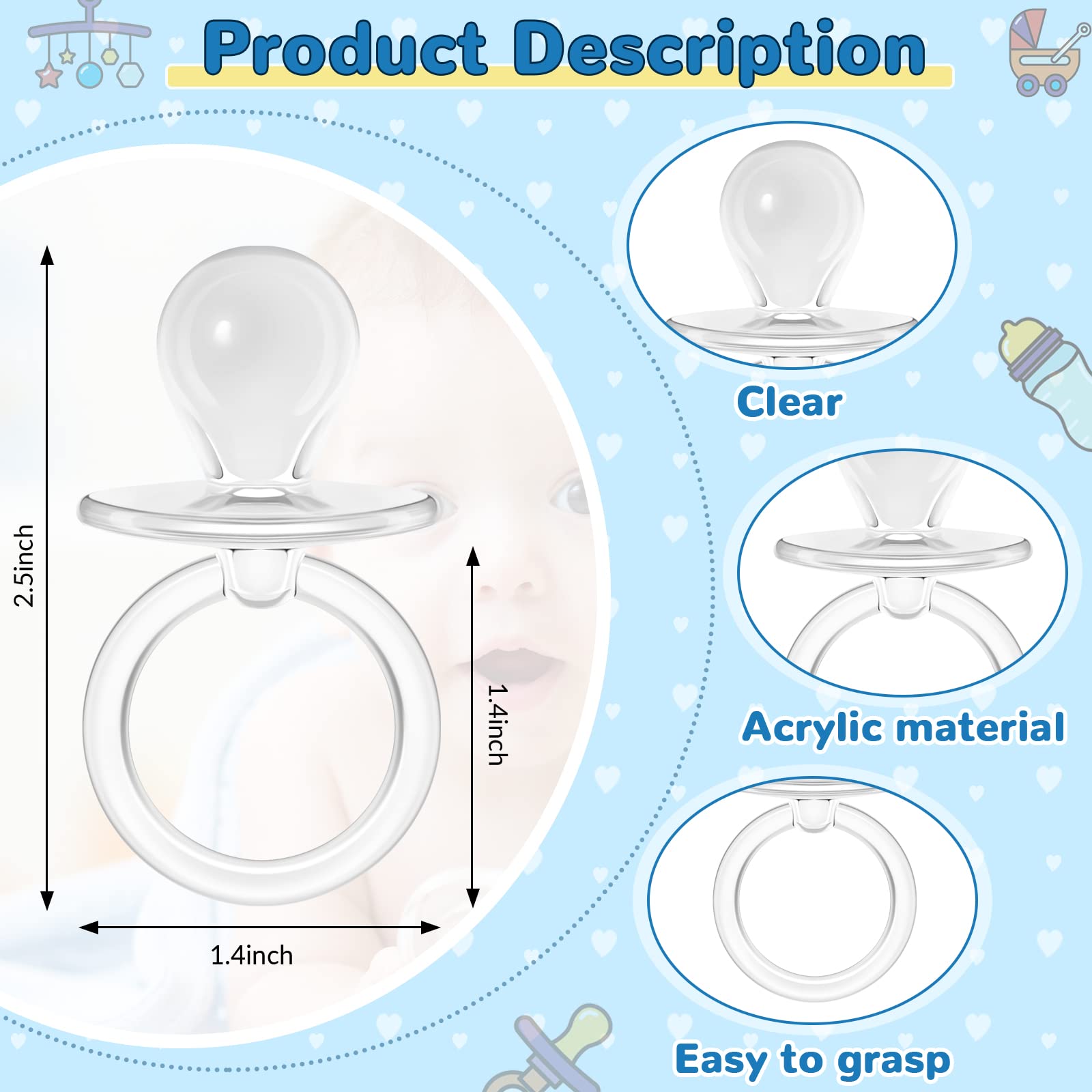 48 Pieces 2.5 Inch Acrylic Baby Pacifiers Baby Shower Favors Gender Reveal Party Decorations for DIY Baby Shower Birthday Party Favors (Clear)