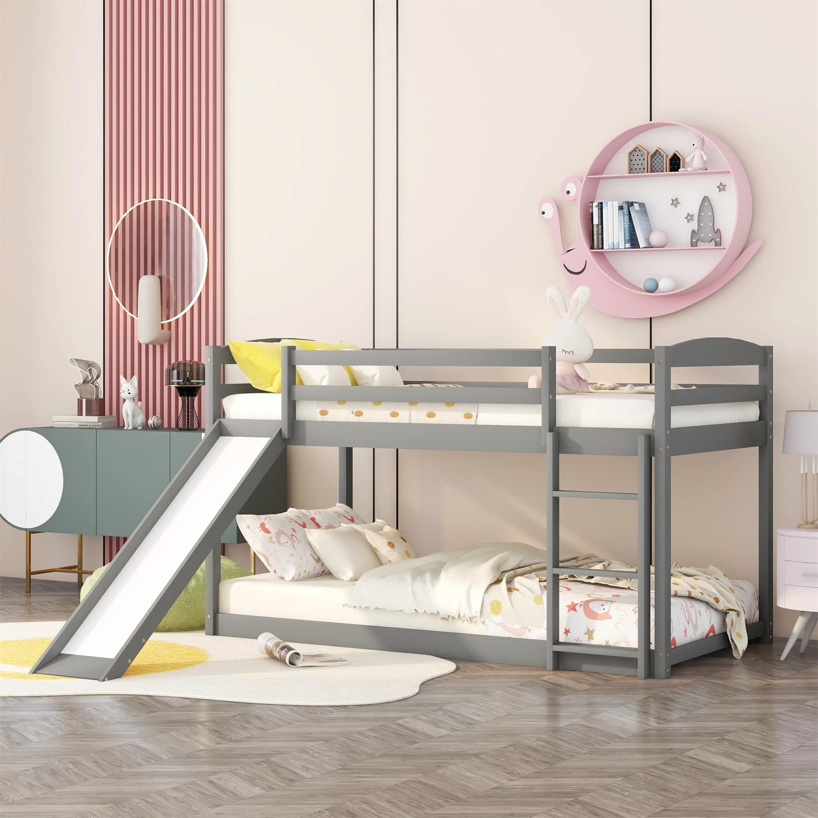 Low Bunk Beds Twin Over Twin Bunk Bed with Slide Wood Bed Frame for 2 Kids Boys Girls Teens, White