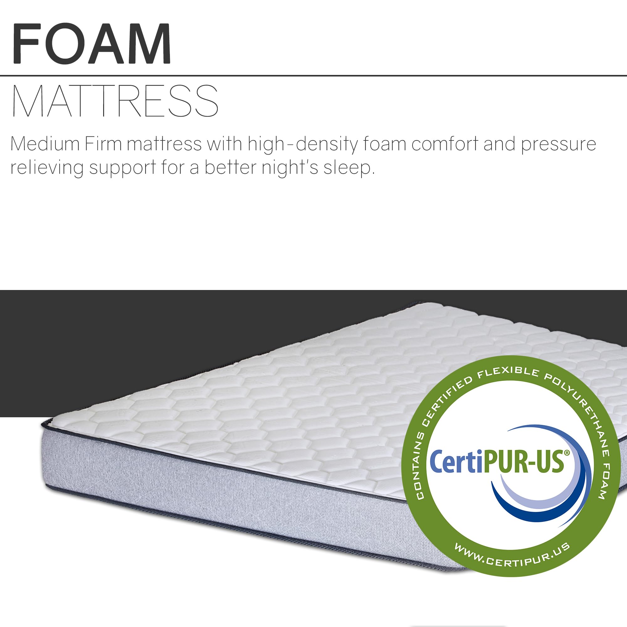 Treaton, Foam Mattress 5-Inch Medium Firm Tight top High Density Foam Mattress, Full XL, Gray