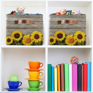 Sunflowers on Wooden Storage Basket Storage Bin Rectangular Collapsible Storage Box with Leather Handles Shelves Basket Organizer for Home, School