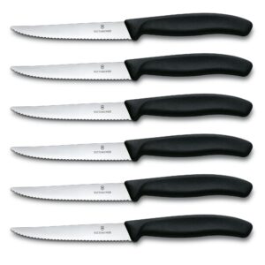 victorinox swiss classic steak knives - cooking knives for kitchen utensils - ergonomic, stainless steel meat knives - black handles, serrated edge, 6-piece set