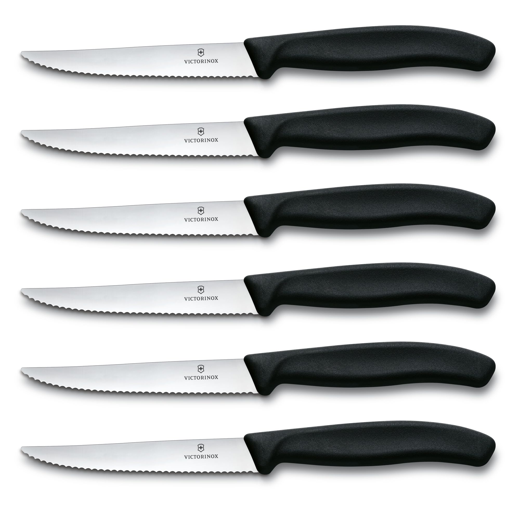 Victorinox Swiss Classic Steak Knives - Cooking Knives for Kitchen Utensils - Ergonomic, Stainless Steel Meat Knives - Black Handles, Serrated Edge, 6-Piece Set