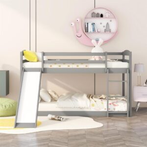 Low Bunk Beds Twin Over Twin Bunk Bed with Slide Wood Bed Frame for 2 Kids Boys Girls Teens, White