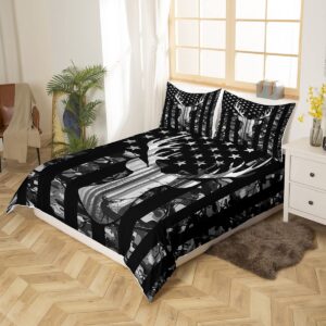 Camouflage American Flag Duvet Cover Full,Deer Antlers Silhouette Bedding Set,Wild Animal Natural Comforter Cover 3 Pcs for Kids Teens Adults Room Decor,Black Grey Camo Quilt Cover with 2 Pillowcases