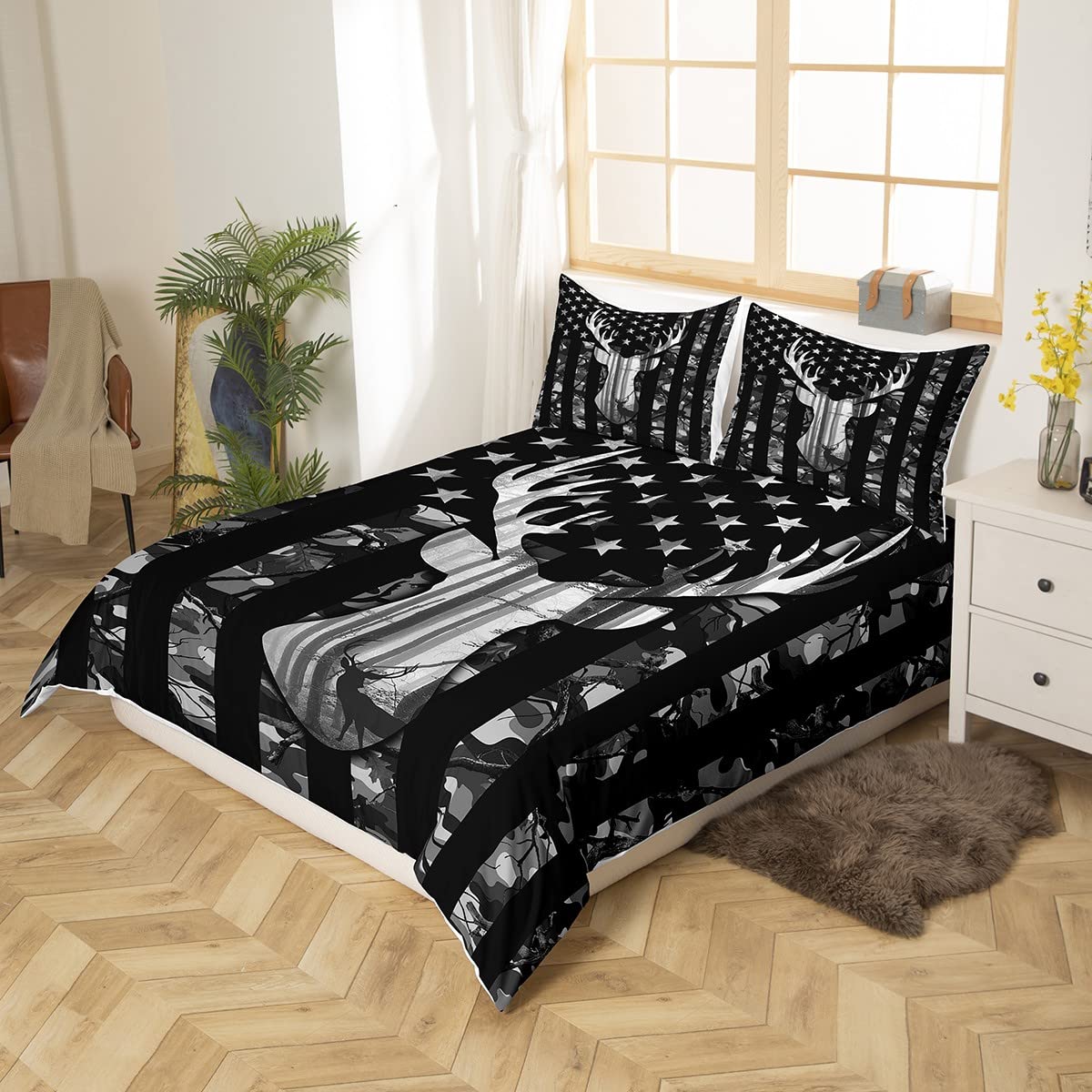 Camouflage American Flag Duvet Cover Full,Deer Antlers Silhouette Bedding Set,Wild Animal Natural Comforter Cover 3 Pcs for Kids Teens Adults Room Decor,Black Grey Camo Quilt Cover with 2 Pillowcases