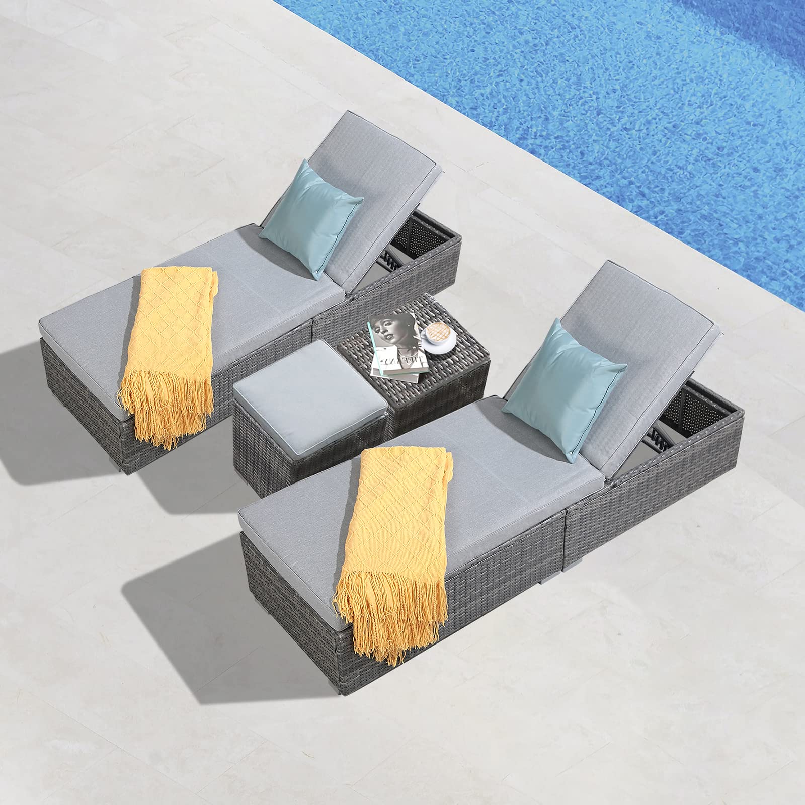 Patiorama 4 Piece Patio Furniture Set, Outdoor Chaise Lounge Chair with Ottoman, All-Weather Grey PE Wicker Rattan Conversation Set, Adjustable Reclining Chaise for Beach Balcony Pool, Light Grey