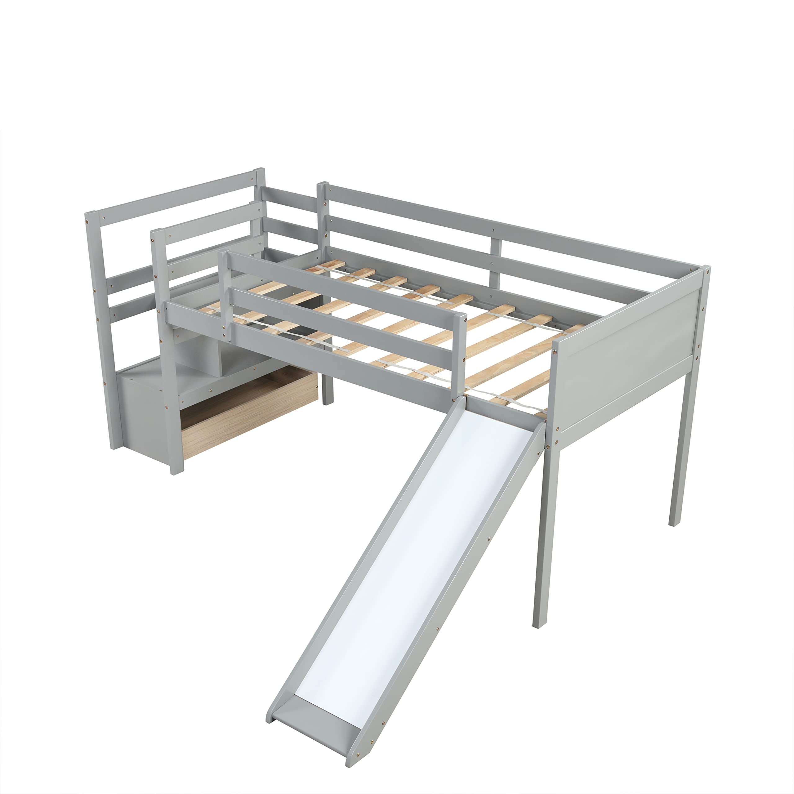 CITYLIGHT Twin Loft Bed with Stairs and Slide,Wood Kids Loft Bed with Storage Drawer and Shelf,Low Junior Loft Bed Frame with Safety Guardrails for Girls, Boys,No Box Spring Needed,Grey