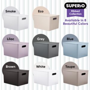 Superio Ribbed Collection - Decorative Plastic Lidded Home Storage Bins Organizer Baskets, X-Large White (2 Pack - 22 Liter) Stackable Container Box, for Organizing Closet Shelves Drawer Shelf