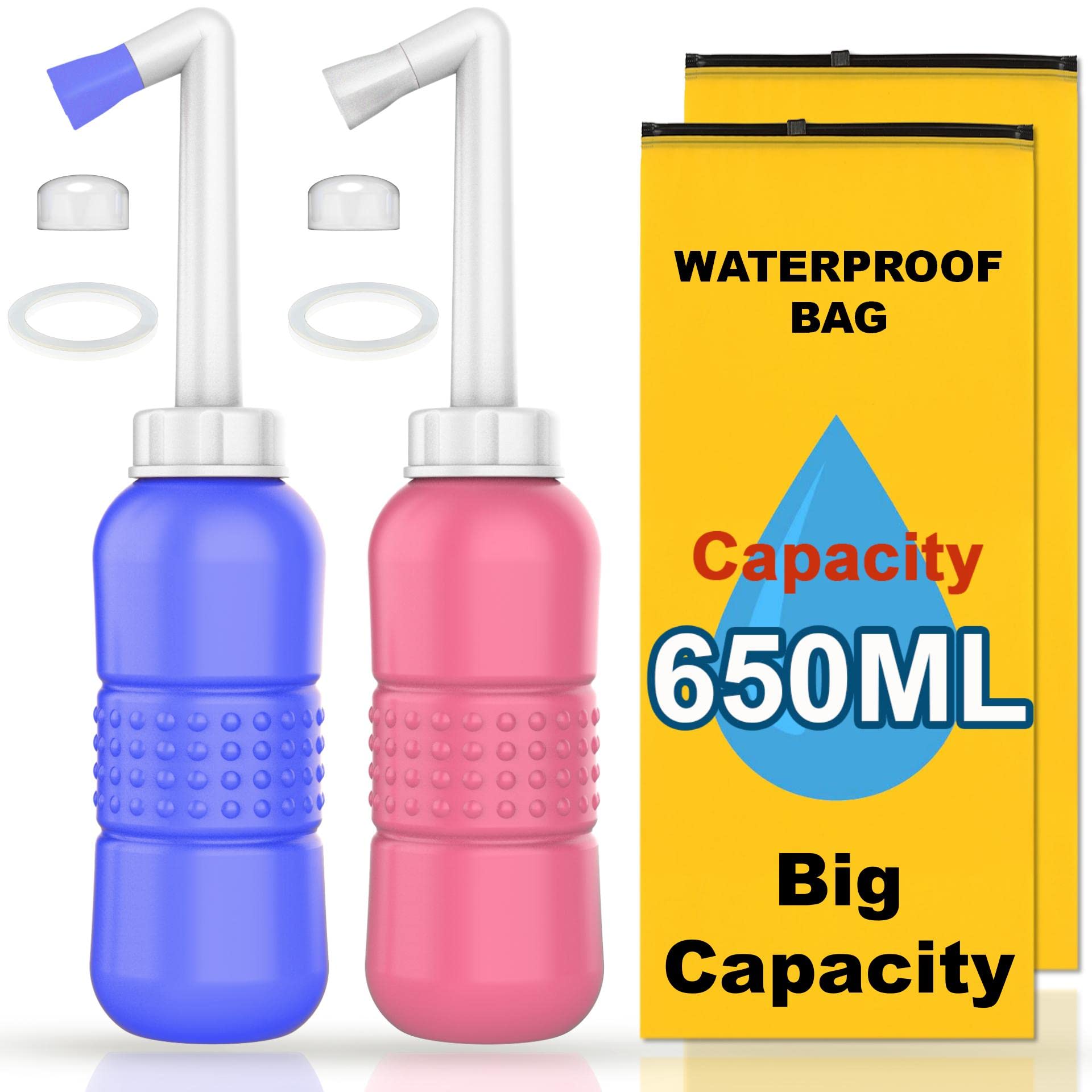 2PCS- 650ml Big Portable Bidet Peri Bottle for Postpartum Essentials, Feminine Care Perineal Wash Bottle| 22oz Travel Bidet with Water Seal Cap Waterproof Storage Bag