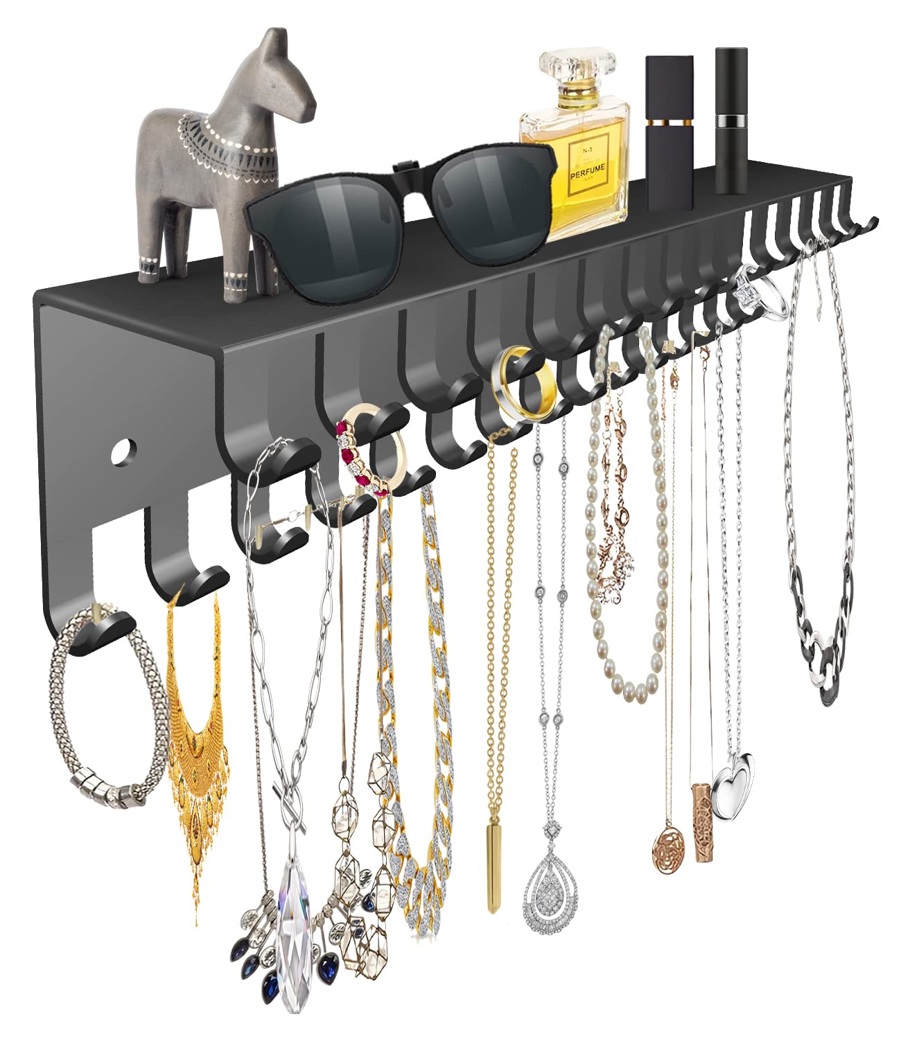 Necklaces and Bracelets Holders Wall Mounted Black Metal Jewelry Display Hanging Shelf with 30 Hooks Necklace Hanger Wall Shelf with Jewelry Hooks Rack Accessories Organizer for Women Girl Kids