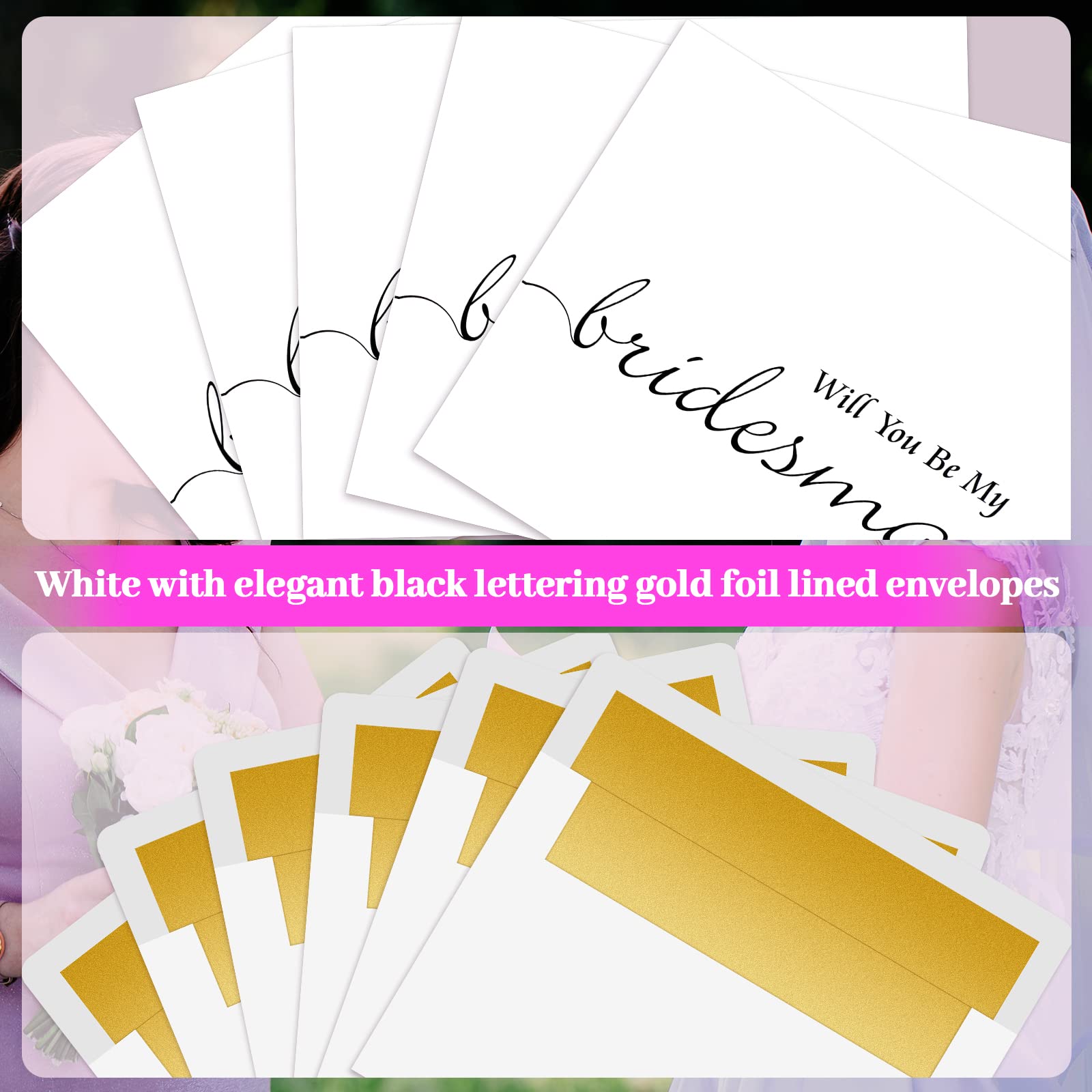 10 Pack Bridesmaid Proposal Card 4 x 5.5'' Will You Be My Bridesmaid Card Folded with Black Caligraphy and Gold Foil Lined Envelopes 8 Bridesmaid Cards 1 Maid of Honor Card and 1 Matron of Honor Card