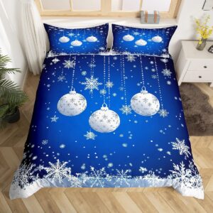 Erosebridal Merry Christmas Duvet Cover Queen Size,Blue Christmas Ornaments Bedding Set Xmas Snowflake Comforter Cover for Boys Girls Glitter Stars Bed Sets New Year Christmas Decorations