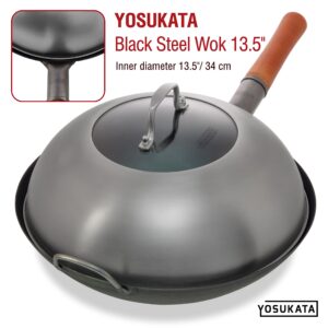 YOSUKATA Wok Lid 12.8 In - Premium Stainless Wok Cover with Tempered Glass Insert Steam Holes and Ergonomic Handle - Durable Wok Accessories - Dishwasher-Safe Lid for 13.5-In Wok for Asian Cooking