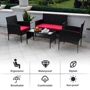 Tappio 4 Piece Patio Conversation Wicker Furniture Set, Outdoor PE Rattan Chair Wicker Sofa Sectional Furniture Set, Porch Furniture Set for Garden Yard Porch