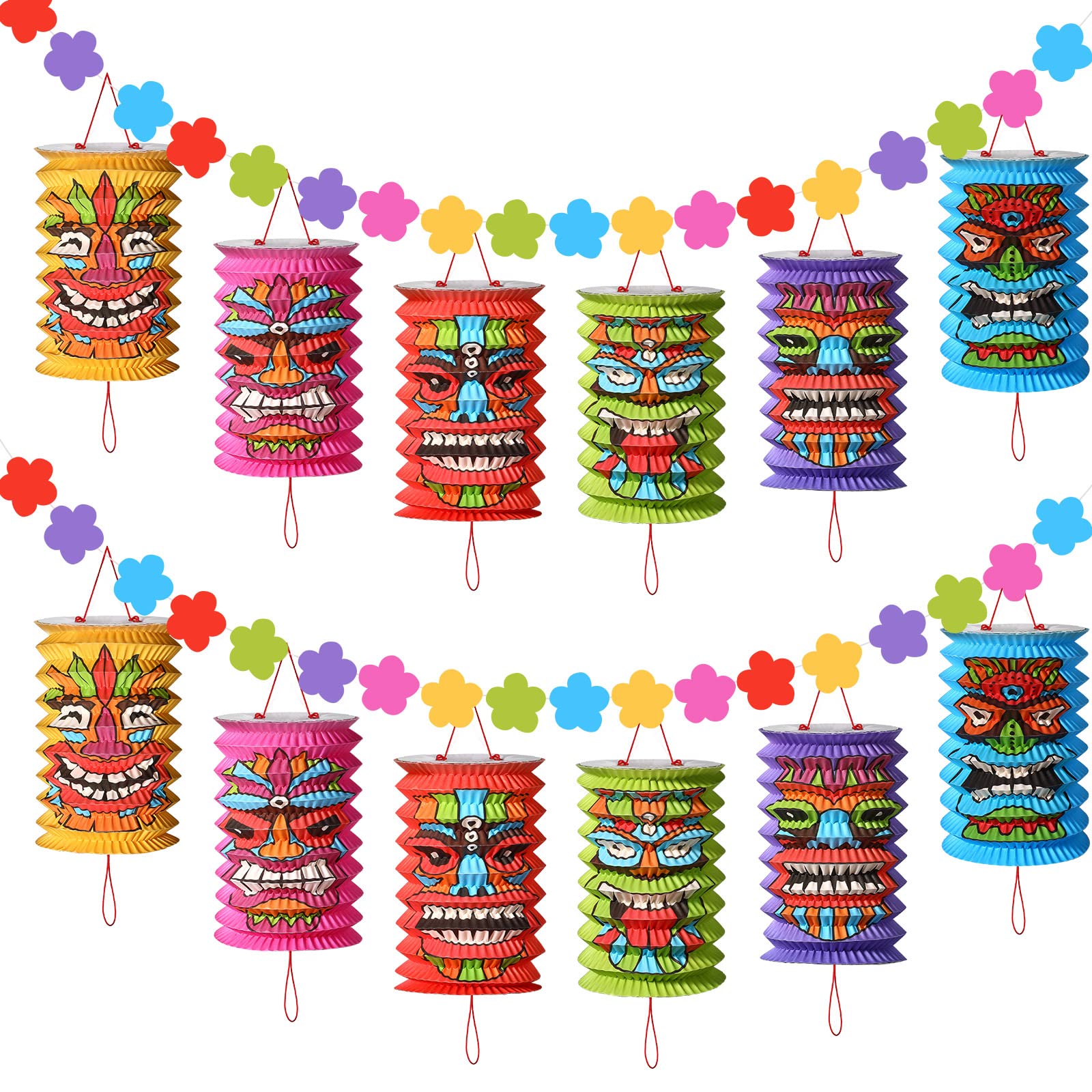 Tiki and Flowers Lanterns Banners Hawaiian Party Decorations Tiki Luau Party Decoration Tropical Decor Summer Garland Lanterns Aloha Hanging Decoration for Bars Festival Home Birthday Outdoor(2 Pcs)