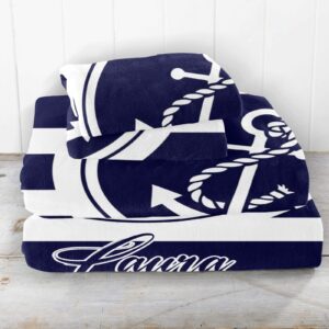 XIUCOO Custom Blue Striped Anchor Name Duvet Cover Set with 2 Pillow Shams Bedding Sets Personalized Quilt Cover for Birthday Wedding Queen Size Gift