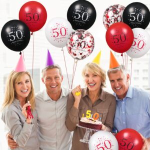 50th Latex Birthday Balloons, 16Pcs Red Black Happy 50th Birthday Balloons, Red Black 50th Birthday Party Decorations Balloons for Women Men 50th Birthday, Anniversary Decor