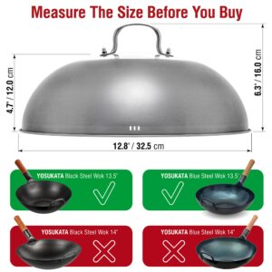 YOSUKATA Wok Lid 12.8 In - Premium Stainless Wok Cover with Tempered Glass Insert Steam Holes and Ergonomic Handle - Durable Wok Accessories - Dishwasher-Safe Lid for 13.5-In Wok for Asian Cooking