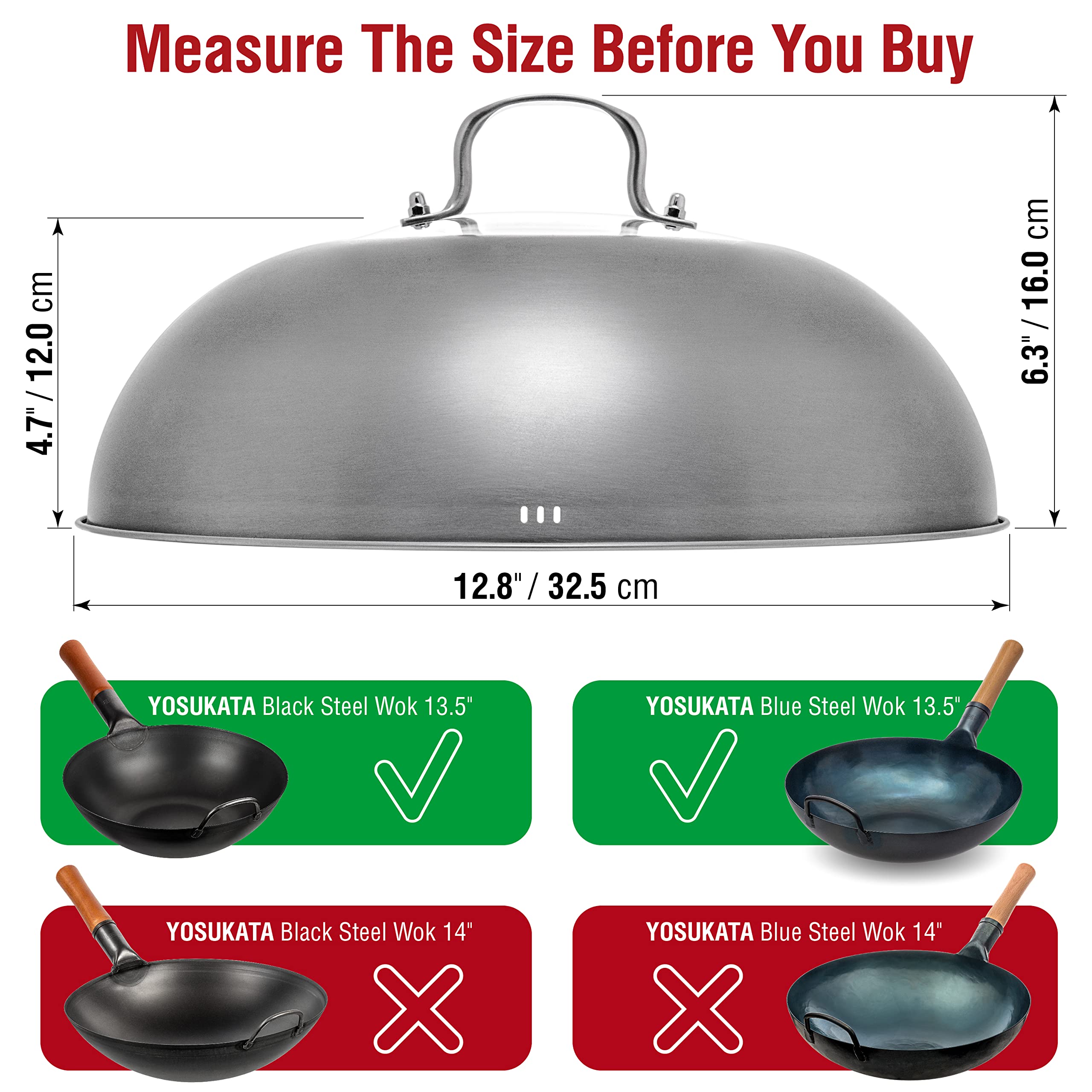 YOSUKATA Wok Lid 12.8 In - Premium Stainless Wok Cover with Tempered Glass Insert Steam Holes and Ergonomic Handle - Durable Wok Accessories - Dishwasher-Safe Lid for 13.5-In Wok for Asian Cooking