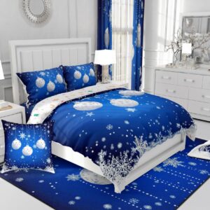 Erosebridal Merry Christmas Duvet Cover Queen Size,Blue Christmas Ornaments Bedding Set Xmas Snowflake Comforter Cover for Boys Girls Glitter Stars Bed Sets New Year Christmas Decorations