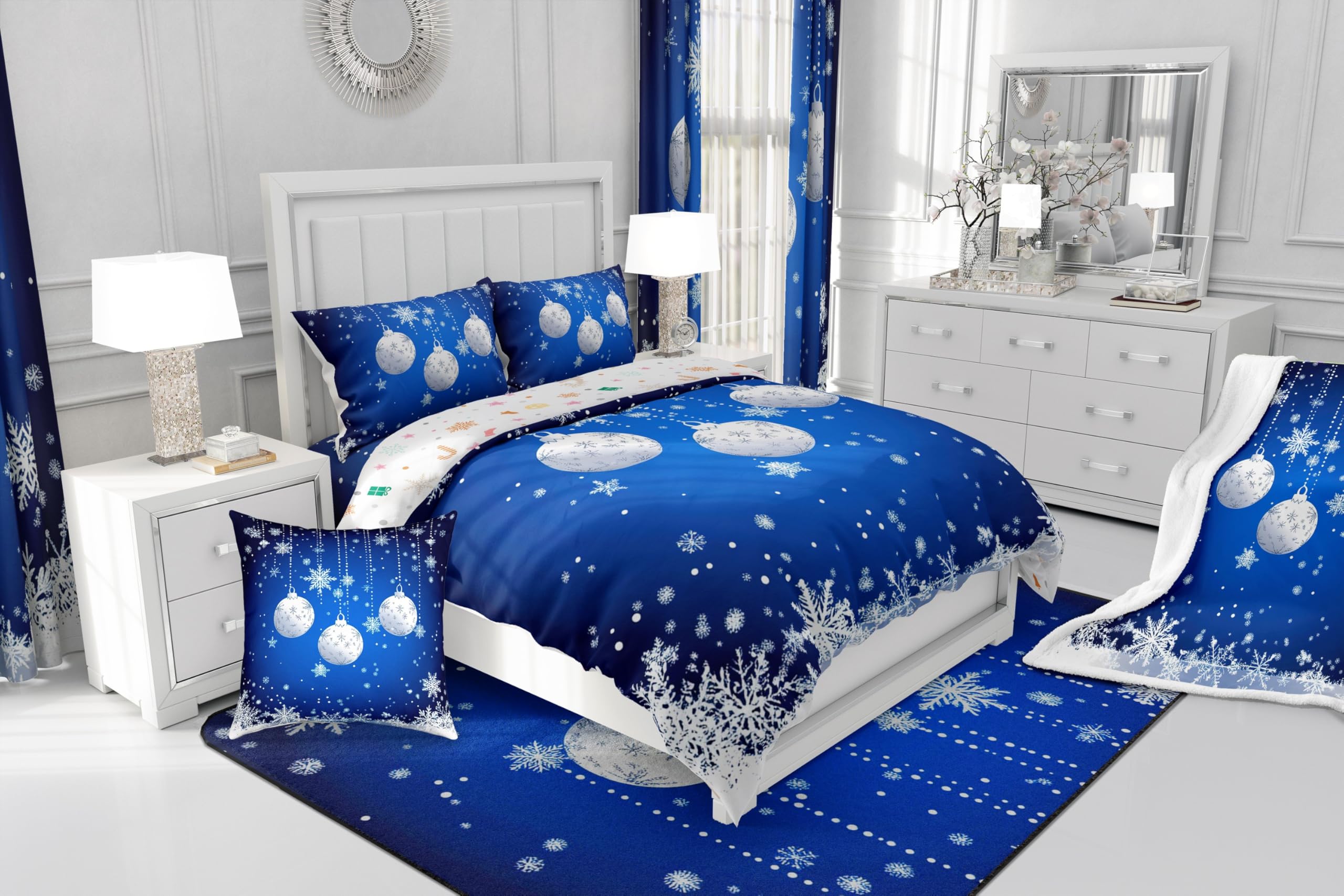 Erosebridal Merry Christmas Duvet Cover Queen Size,Blue Christmas Ornaments Bedding Set Xmas Snowflake Comforter Cover for Boys Girls Glitter Stars Bed Sets New Year Christmas Decorations