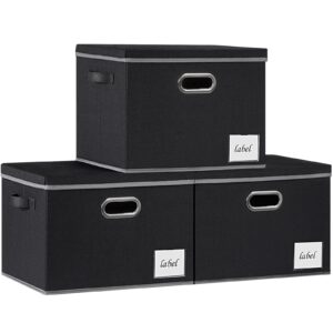 pffvrp extra large storage bins with lids, foldable fabric storage baskets with lids, sturdy storage boxes with labels and 3 handles for closet home bedroom office (black)