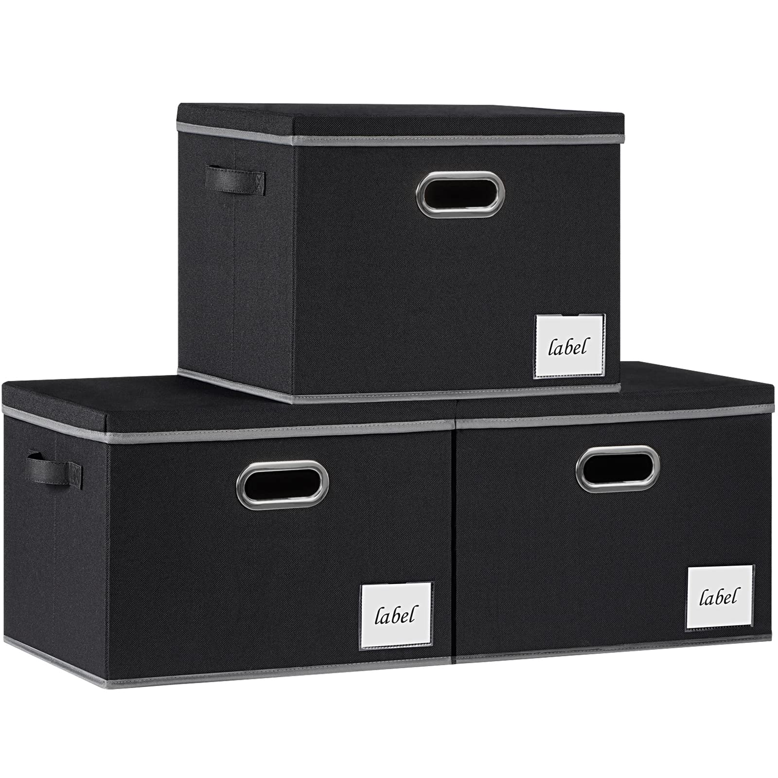 PFFVRP Extra Large Storage Bins with Lids, Foldable Fabric Storage Baskets with Lids, Sturdy Storage Boxes with Labels and 3 Handles for Closet Home Bedroom Office (Black)