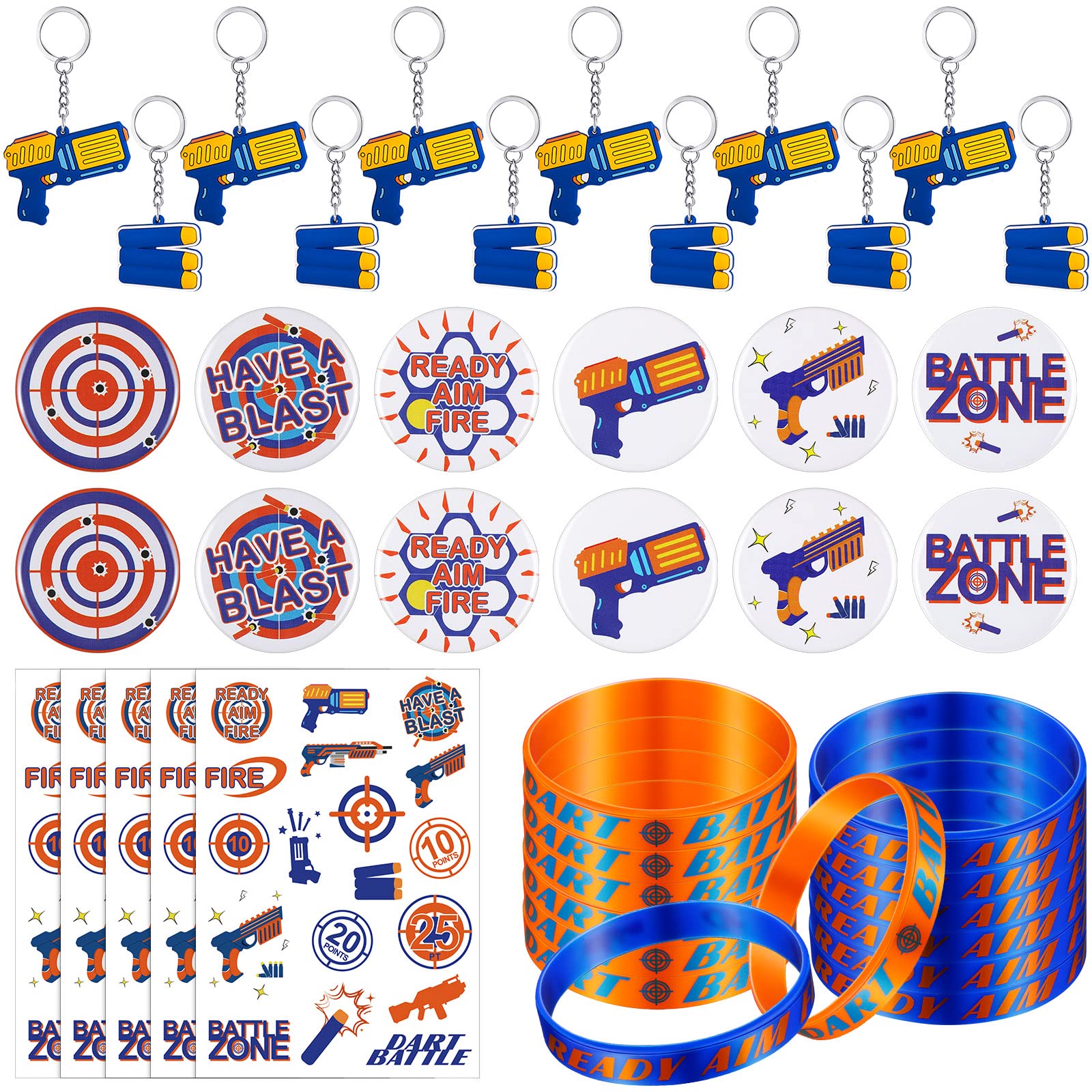 dart battle Birthday Party Favor Supplies dart battle Silicone Wristbands dart battle Keychain Temporary Tattoos for Kids Badges Gun Party Birthday Party Favors for Birthday Baby Shower Boys (126 Pcs)