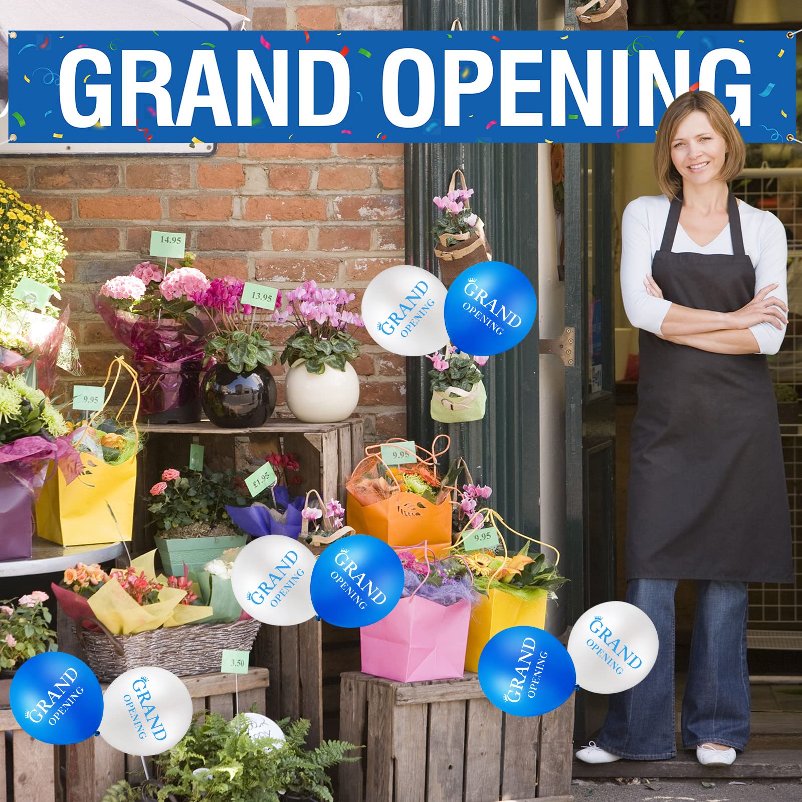 Large Grand Opening Banner 30 Pieces Latex Grand Opening Balloons Grand Opening Decorations 12 Inches Latex Balloons 18 x 118 Inches Retail Store Shop Business Restaurant Banners Flag (Blue, White)