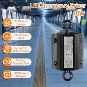 40W LED Emergency Backup Driver, Rechargeable LED Light Emergency Backup Battery for Dimmable UFO LED High Bay Light, Input AC 100-347V Output DC 170V, Emergency Time 90 Minutes, UL Listed