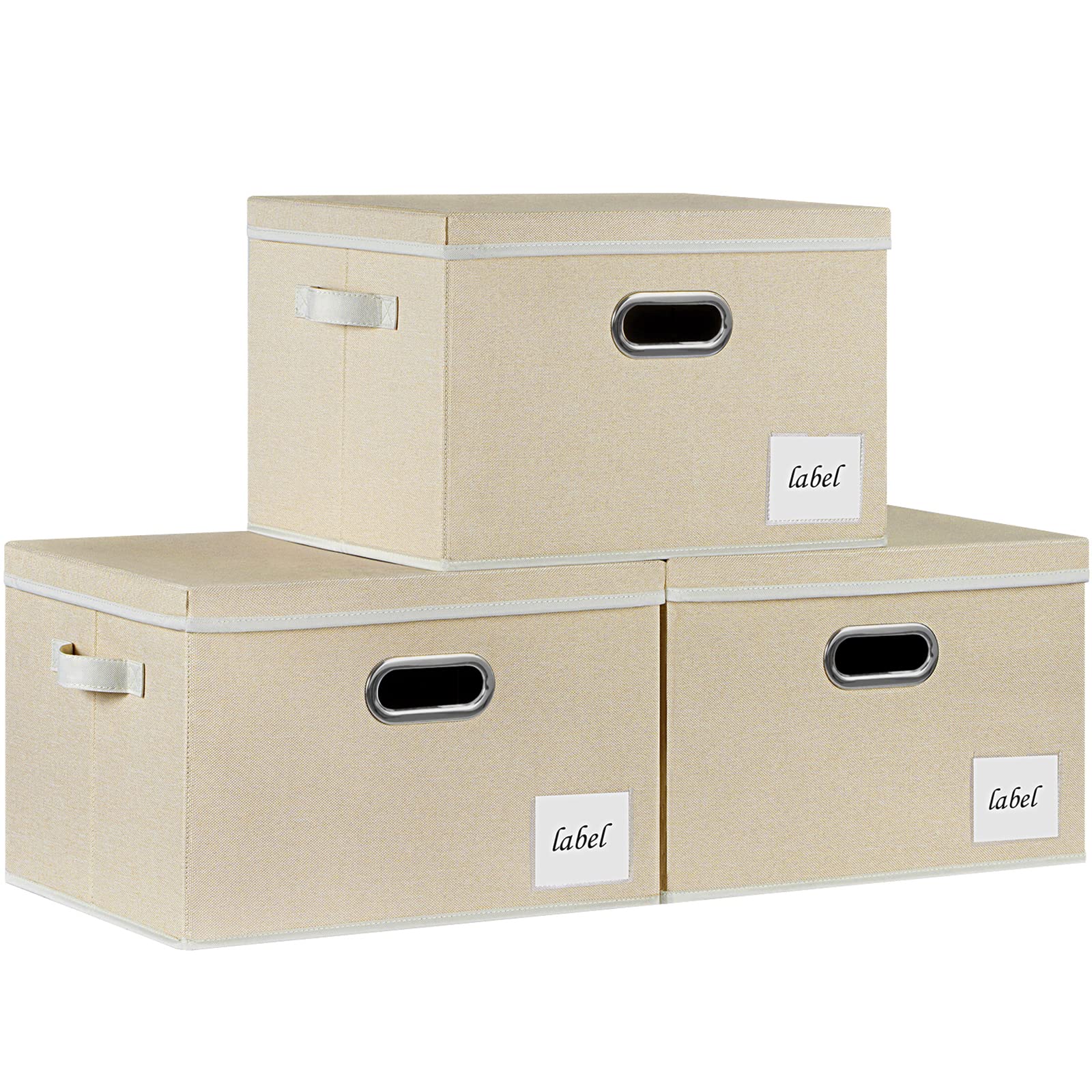 PFFVRP Large Storage Bins with Lids, Foldable Fabric Storage Baskets with Lids, Sturdy Storage Boxes with Labels and 3 Handles for Closet Home Bedroom Office (Beige)